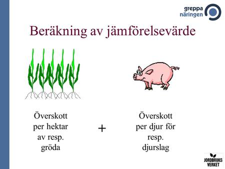 Beräkning av jämförelsevärde Överskott per hektar av resp. gröda + Överskott per djur för resp. djurslag.