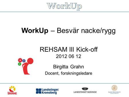 WorkUp – Besvär nacke/rygg REHSAM III Kick-off 2012 06 12 Birgitta Grahn Docent, forskningsledare.