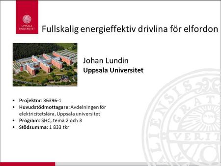 Fullskalig energieffektiv drivlina för elfordon Johan Lundin Uppsala Universitet Projektnr: 36396-1 Huvudstödmottagare: Avdelningen för elektricitetslära,