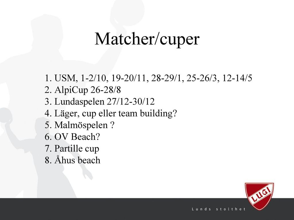 Matcher/cuper 2. AlpiCup 26-28/8 3. Lundaspelen 27/12-30/12
