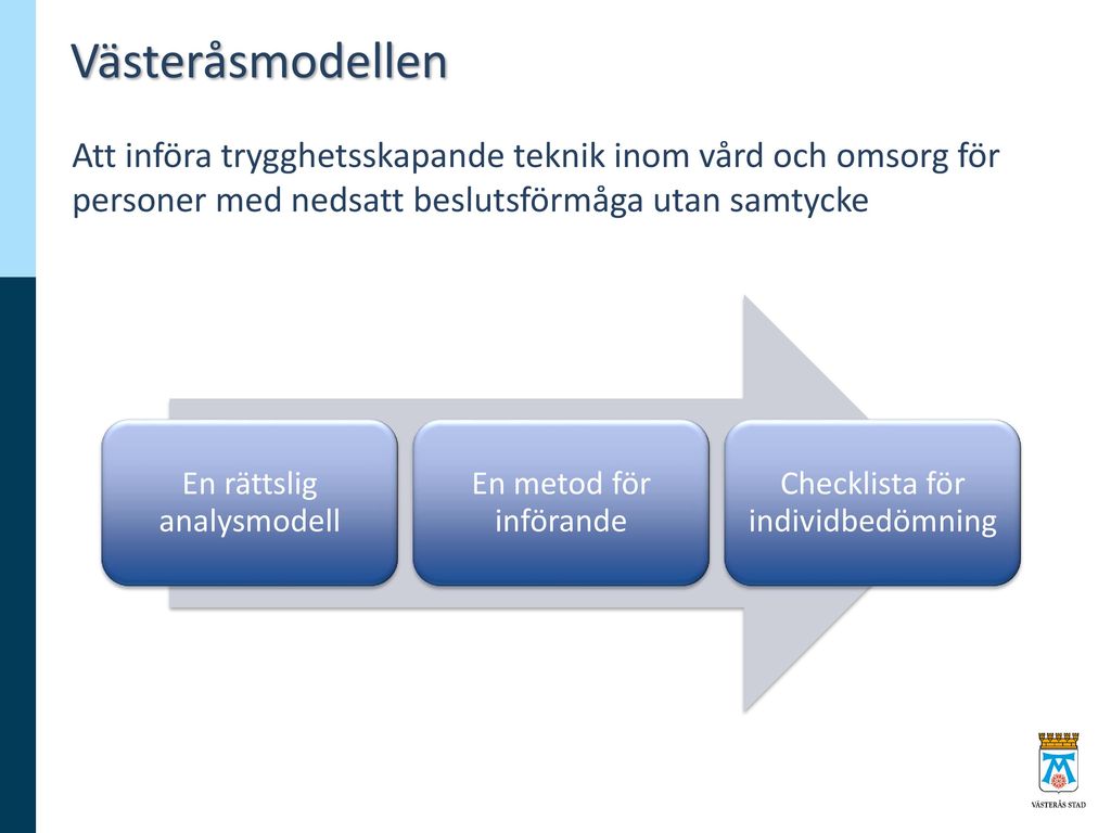 Västeråsmodellen Att införa trygghetsskapande teknik inom vård och omsorg för personer med nedsatt beslutsförmåga utan samtycke.