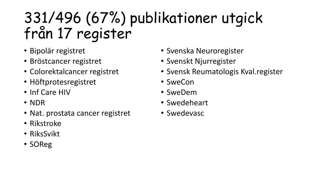 331/496 (67%) publikationer utgick från 17 register