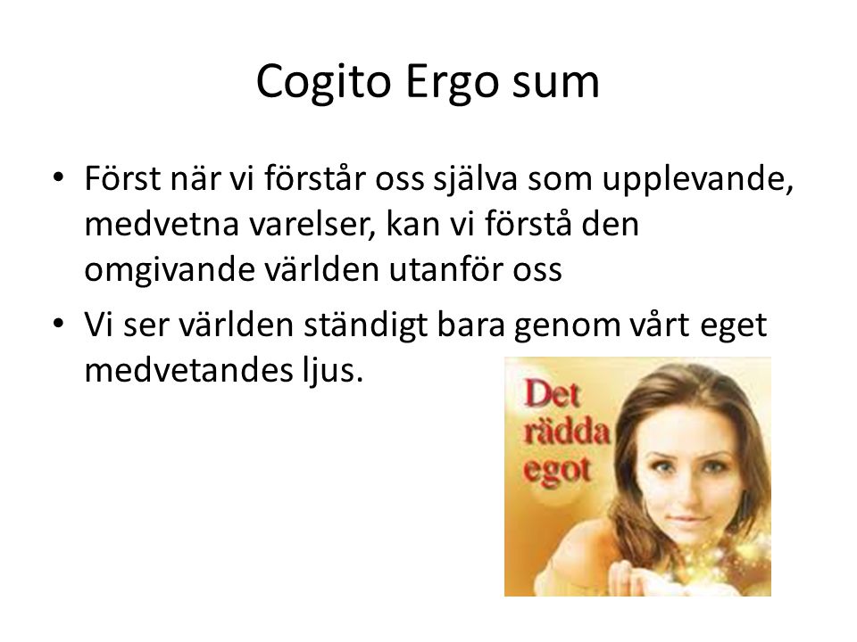 Cogito Ergo sum Först när vi förstår oss själva som upplevande, medvetna varelser, kan vi förstå den omgivande världen utanför oss.