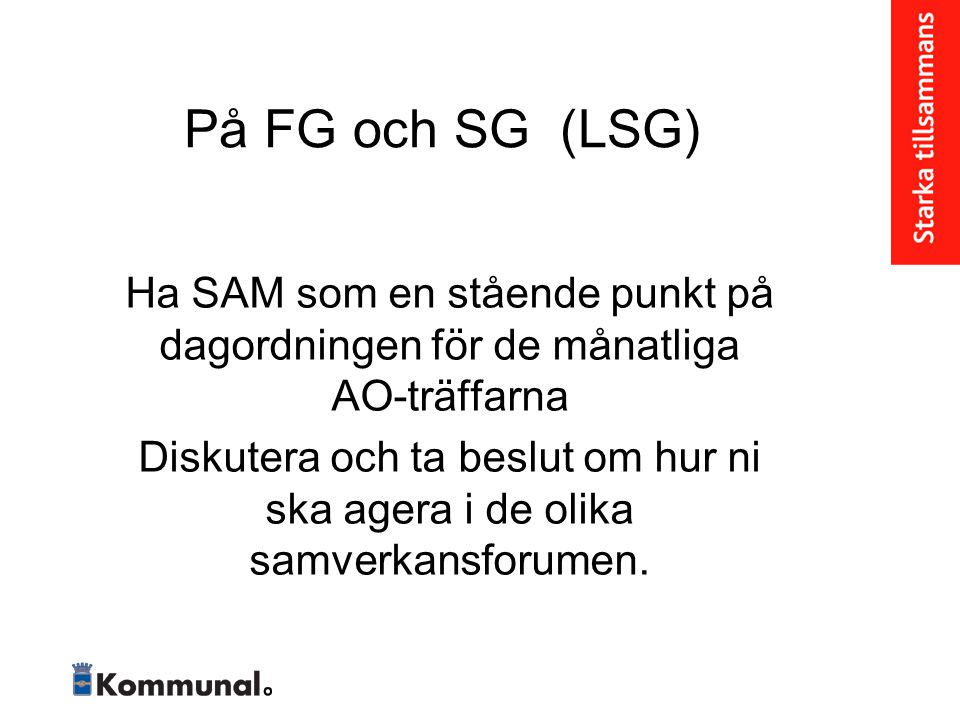 På FG och SG (LSG) Ha SAM som en stående punkt på dagordningen för de månatliga AO-träffarna.