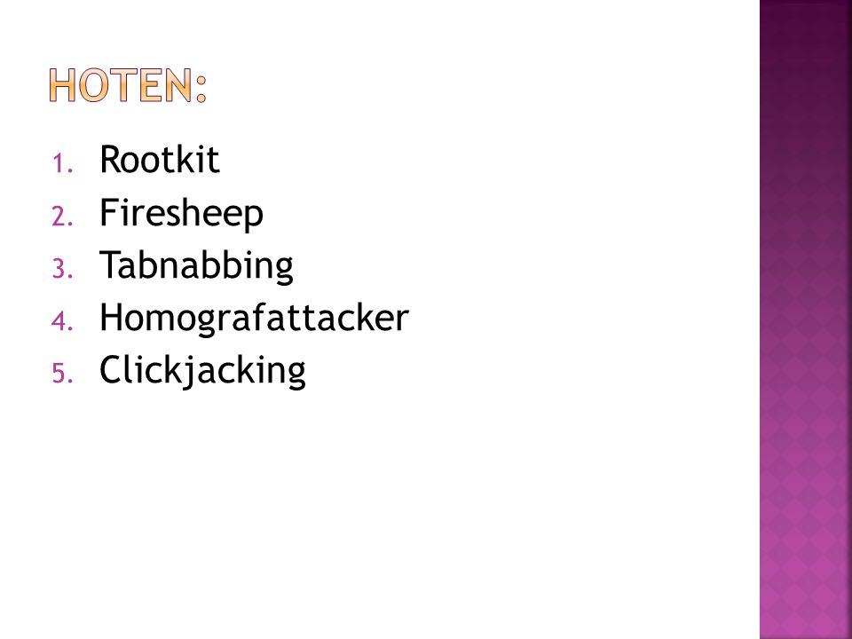 Hoten: Rootkit Firesheep Tabnabbing Homografattacker Clickjacking