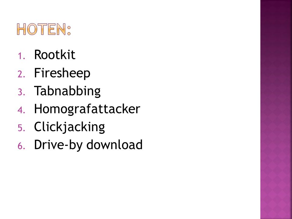 Hoten: Rootkit Firesheep Tabnabbing Homografattacker Clickjacking