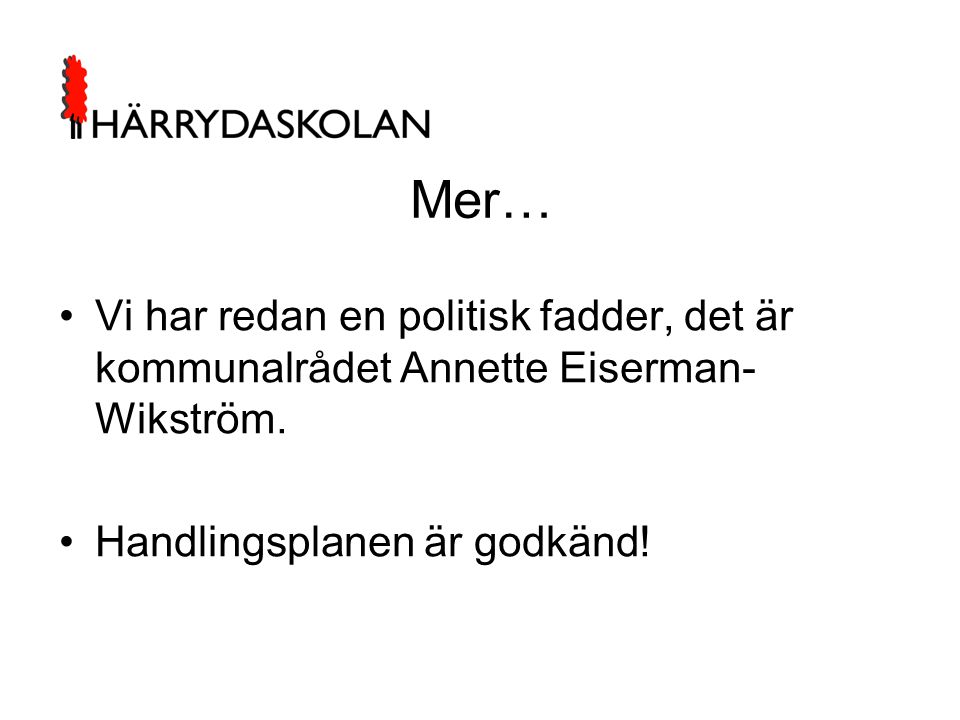 Mer… Vi har redan en politisk fadder, det är kommunalrådet Annette Eiserman-Wikström.