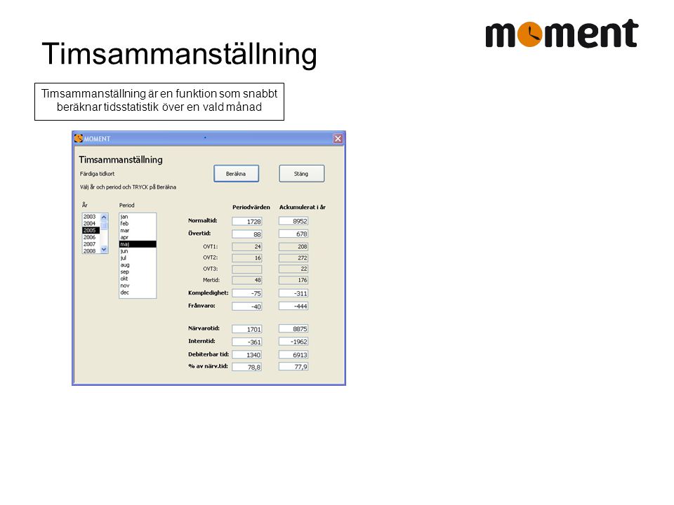 Timsammanställning Timsammanställning är en funktion som snabbt beräknar tidsstatistik över en vald månad.