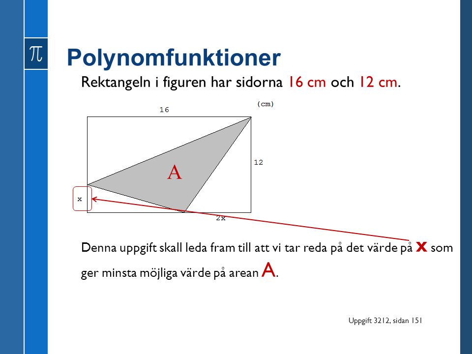 Polynomfunktioner A Rektangeln i figuren har sidorna 16 cm och 12 cm.