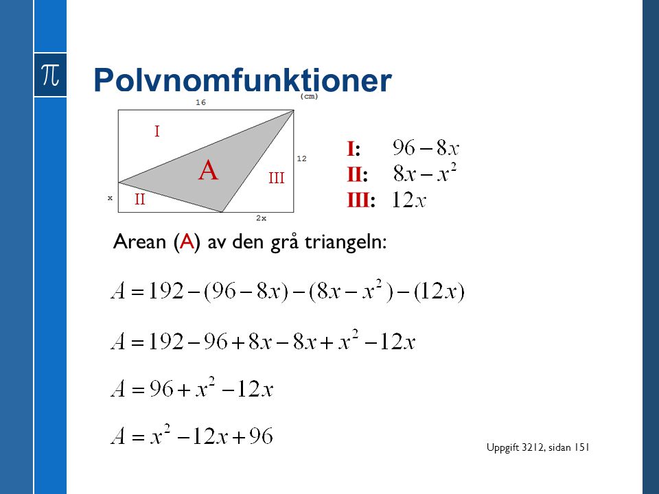 Polynomfunktioner A I: II: III: Arean (A) av den grå triangeln: I III