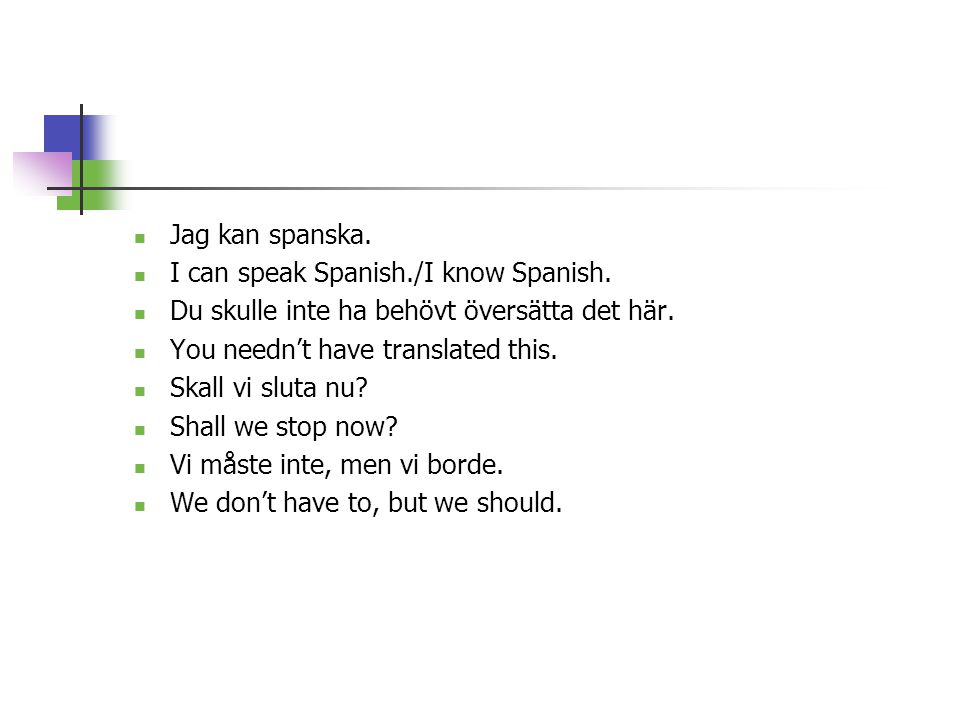 Jag kan spanska. I can speak Spanish./I know Spanish. Du skulle inte ha behövt översätta det här. You needn’t have translated this.
