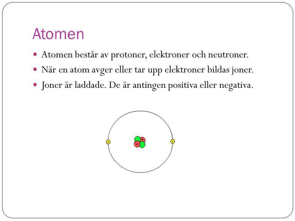Atomen Atomen består av protoner, elektroner och neutroner.