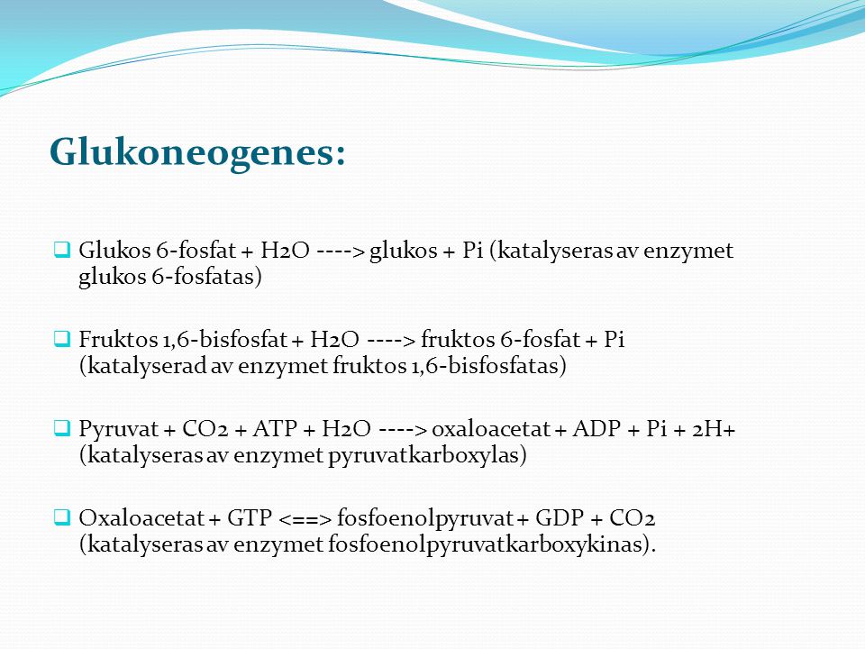 Glukoneogenes: Glukos 6-fosfat + H2O ----> glukos + Pi (katalyseras av enzymet glukos 6-fosfatas)