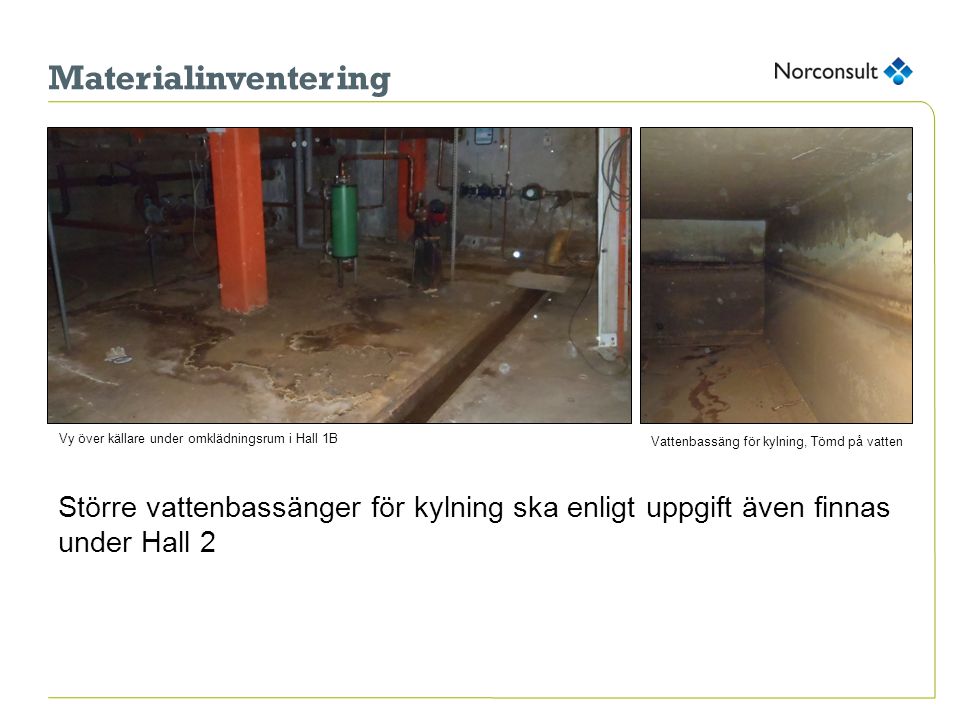 Materialinventering Vy över källare under omklädningsrum i Hall 1B. Vattenbassäng för kylning, Tömd på vatten.