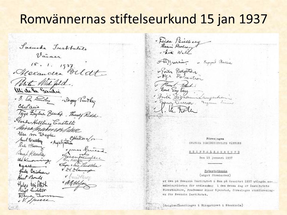 Romvännernas stiftelseurkund 15 jan 1937