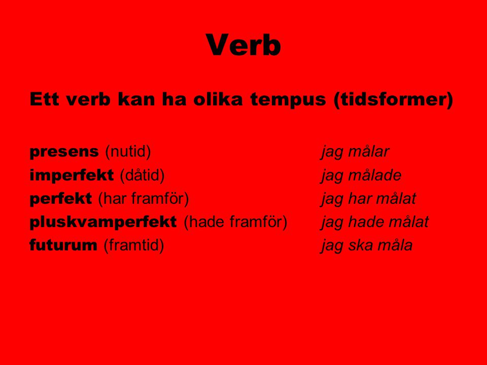 Verb Ett verb kan ha olika tempus (tidsformer)