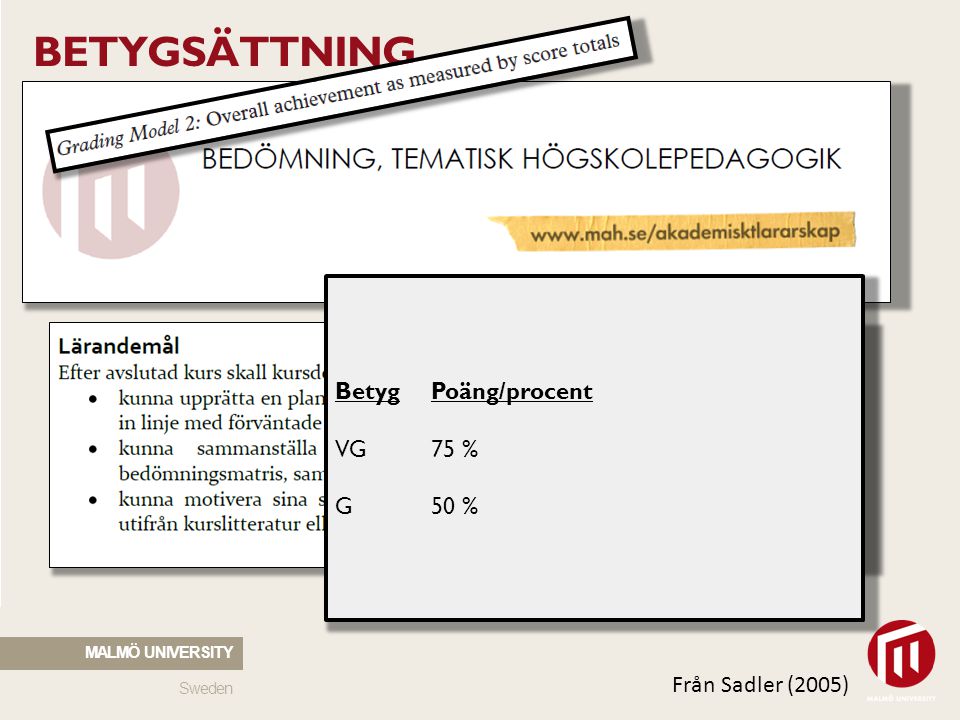 BETYGSÄTTNING Betyg Poäng/procent VG 75 % G 50 % Från Sadler (2005)