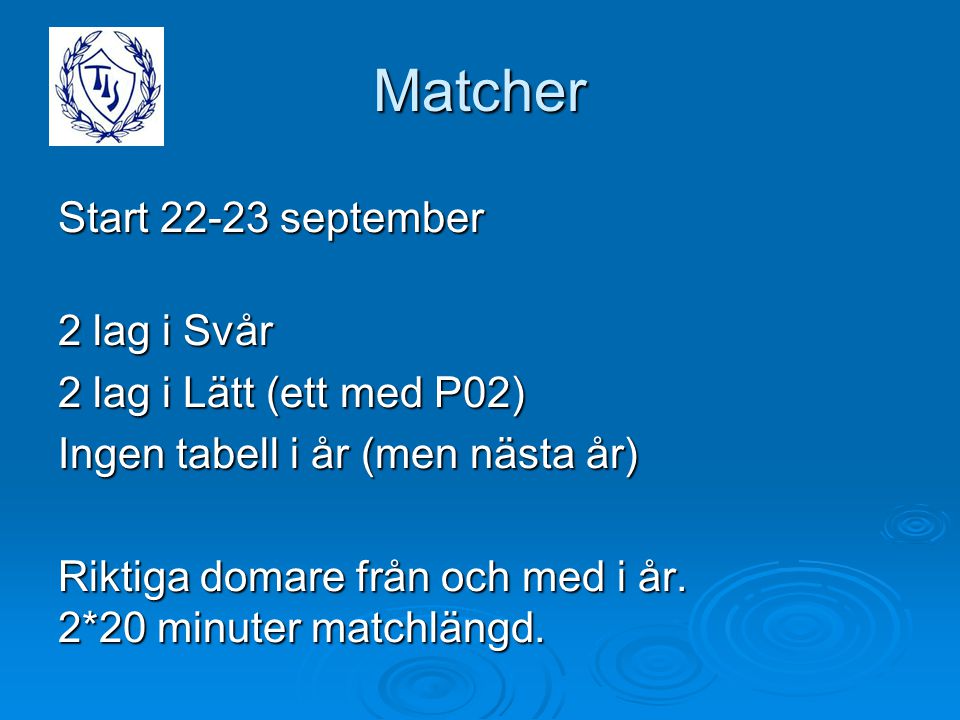 Matcher Start september 2 lag i Svår 2 lag i Lätt (ett med P02)