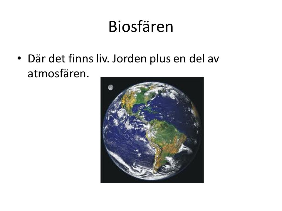 Biosfären Där det finns liv. Jorden plus en del av atmosfären.