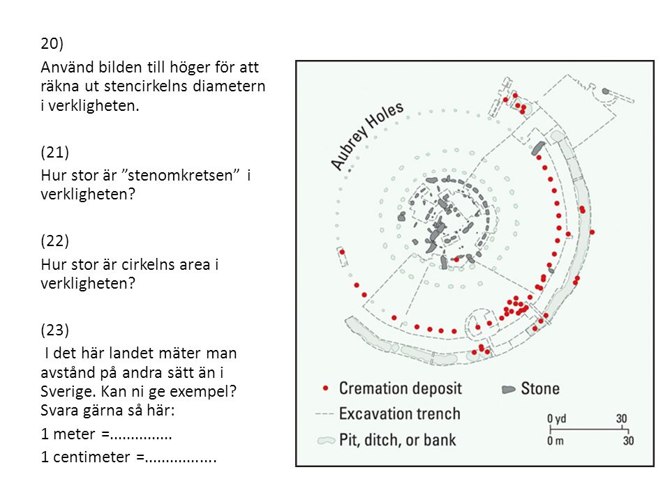 20) Använd bilden till höger för att räkna ut stencirkelns diametern i verkligheten. (21) Hur stor är stenomkretsen i verkligheten