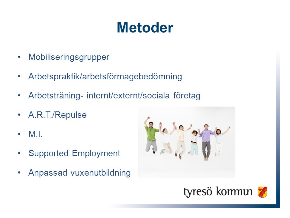 Metoder Mobiliseringsgrupper Arbetspraktik/arbetsförmågebedömning
