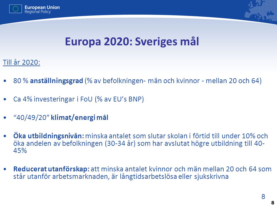 Europa 2020: Sveriges mål Till år 2020: