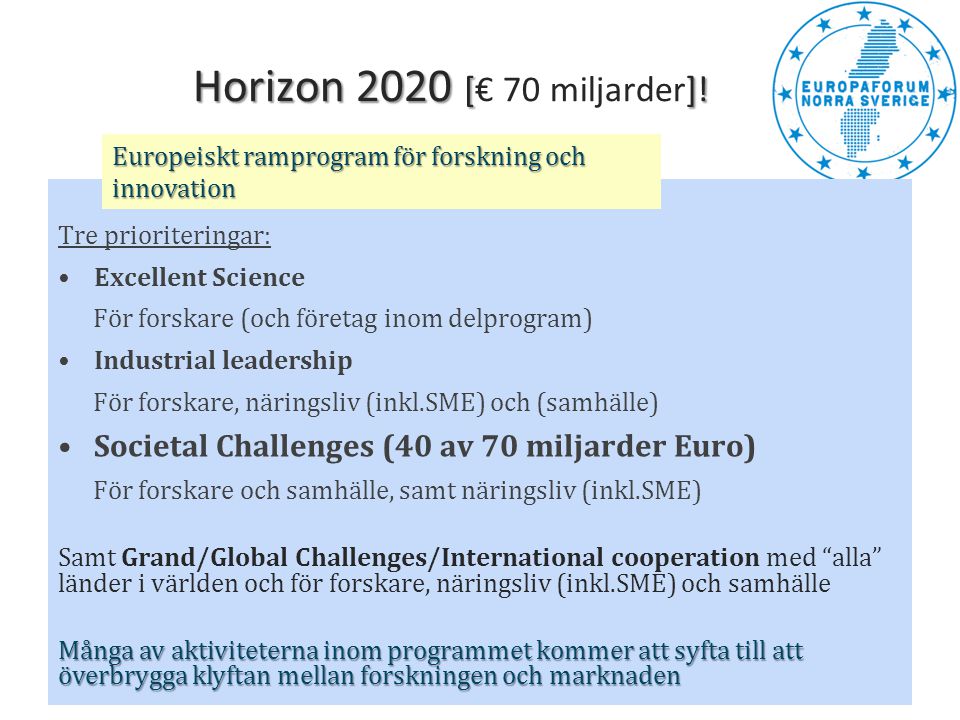 Horizon 2020 [€ 70 miljarder]! Europeiskt ramprogram för forskning och innovation. Tre prioriteringar: