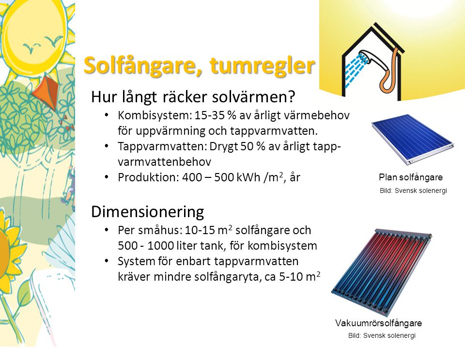 Solfångare, tumregler Hur långt räcker solvärmen Dimensionering