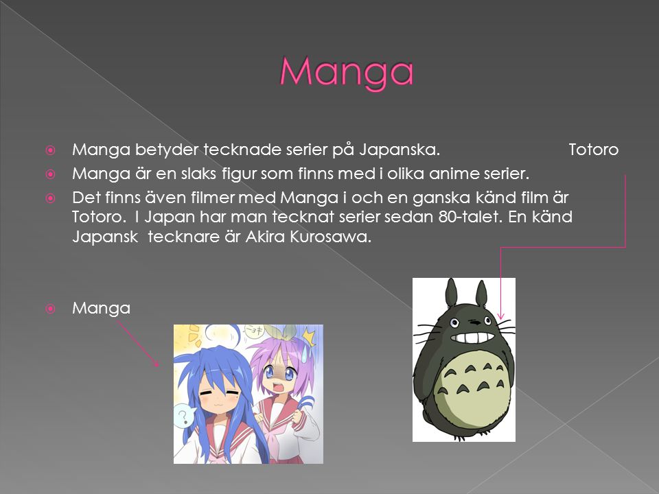 Manga Manga betyder tecknade serier på Japanska. Totoro