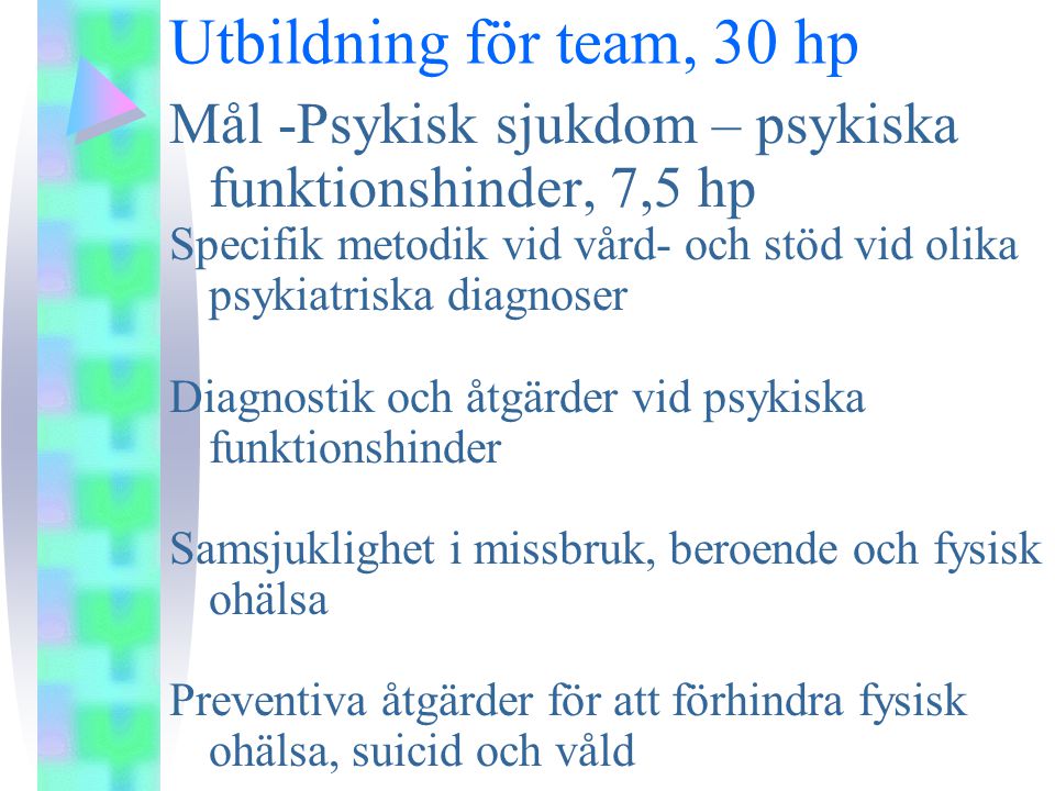 Utbildning för team, 30 hp Mål -Psykisk sjukdom – psykiska funktionshinder, 7,5 hp.