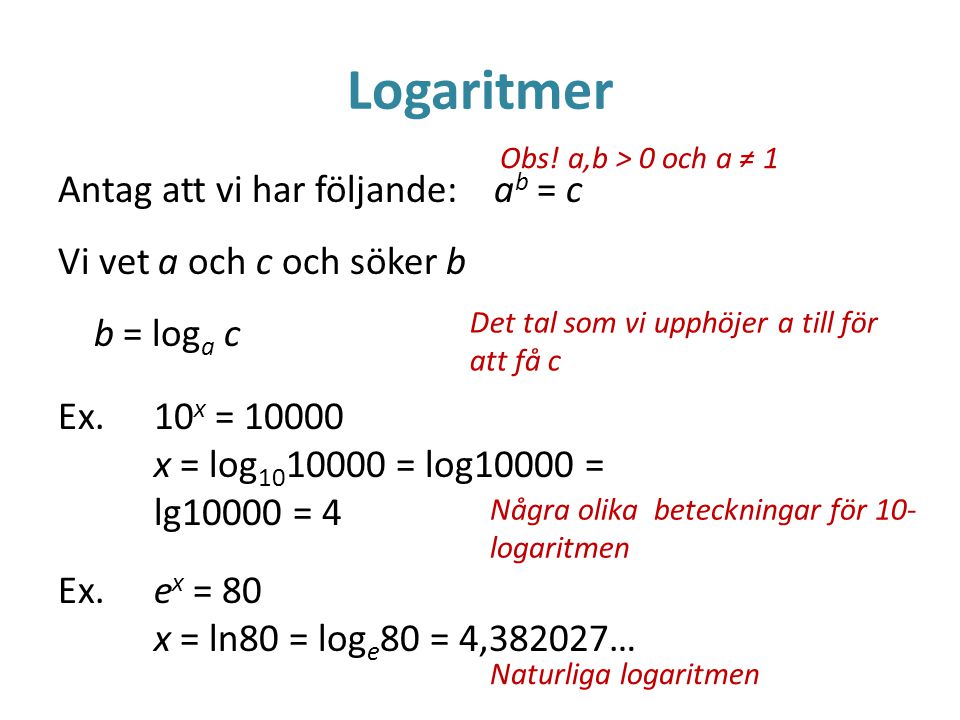 Logaritmer Obs! a,b > 0 och a ≠ 1.