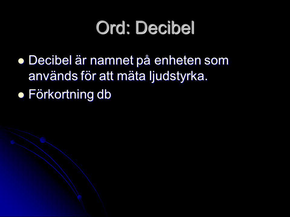 Ord: Decibel Decibel är namnet på enheten som används för att mäta ljudstyrka. Förkortning db