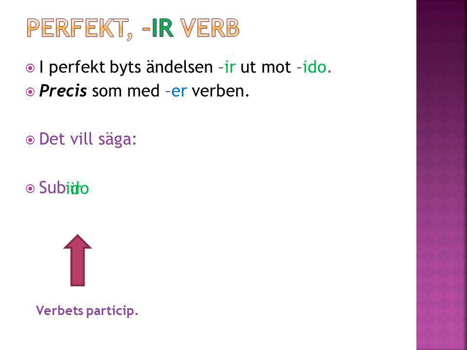 Perfekt, –ir verb I perfekt byts ändelsen –ir ut mot –ido.
