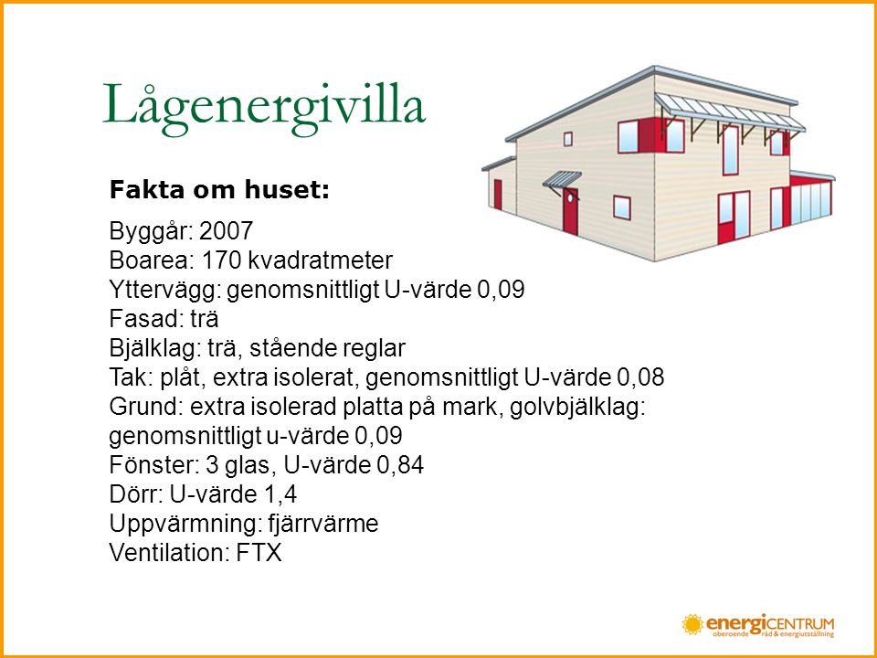 Lågenergivilla Fakta om huset: Byggår: 2007 Boarea: 170 kvadratmeter