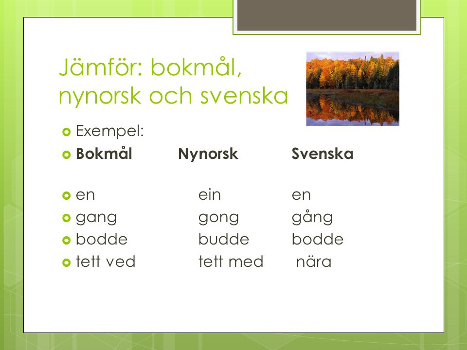 Jämför: bokmål, nynorsk och svenska