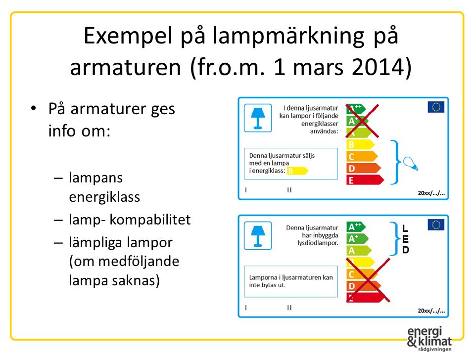 Exempel på lampmärkning på armaturen (fr.o.m. 1 mars 2014)
