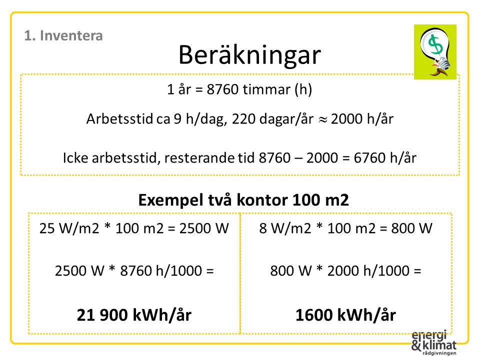 Beräkningar Exempel två kontor 100 m kWh/år 1600 kWh/år
