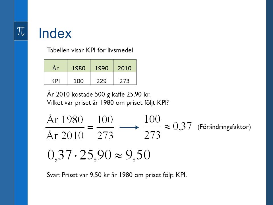 Index Tabellen visar KPI för livsmedel År KPI