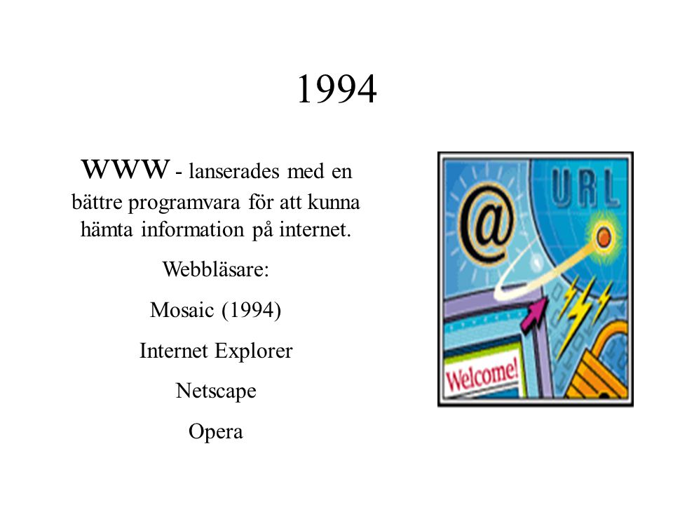 1994 www - lanserades med en bättre programvara för att kunna hämta information på internet. Webbläsare: