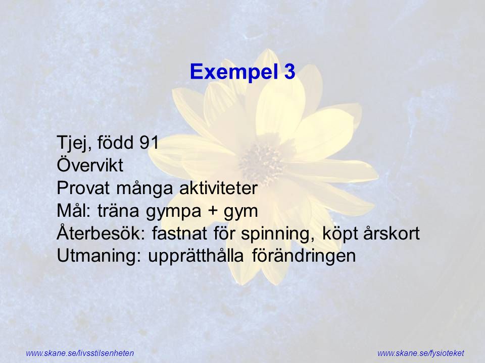 Exempel 3 Tjej, född 91 Övervikt Provat många aktiviteter