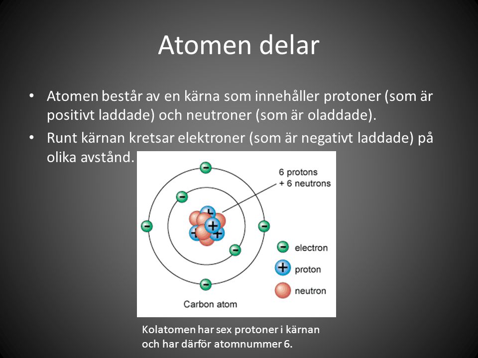 Atomen delar Atomen består av en kärna som innehåller protoner (som är positivt laddade) och neutroner (som är oladdade).