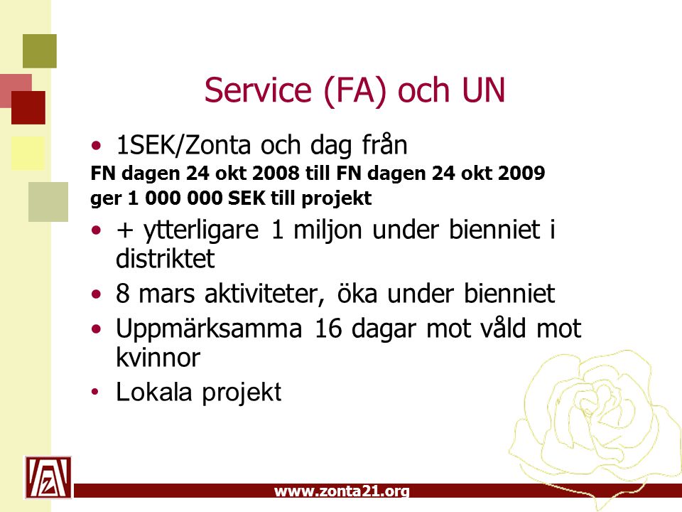 Service (FA) och UN 1SEK/Zonta och dag från
