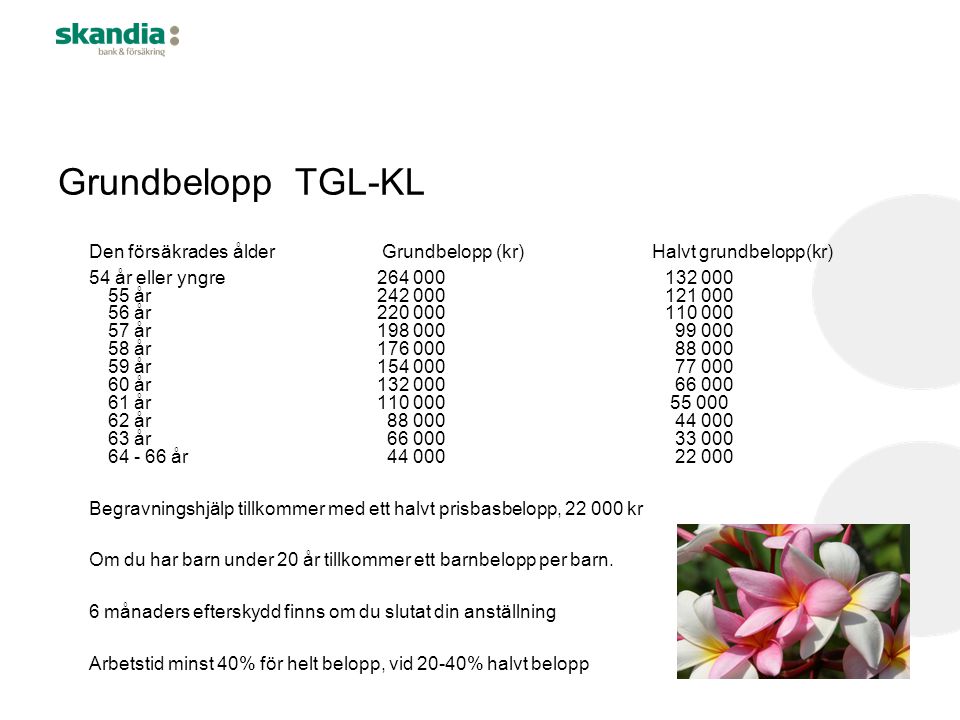Grundbelopp TGL-KL Den försäkrades ålder Grundbelopp (kr) Halvt grundbelopp(kr)