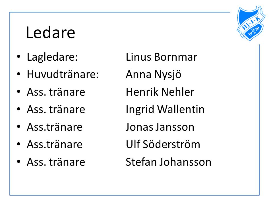 Ledare Lagledare: Linus Bornmar Huvudtränare: Anna Nysjö