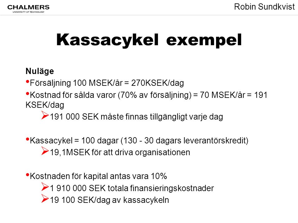 Kassacykel exempel Nuläge Försäljning 100 MSEK/år = 270KSEK/dag