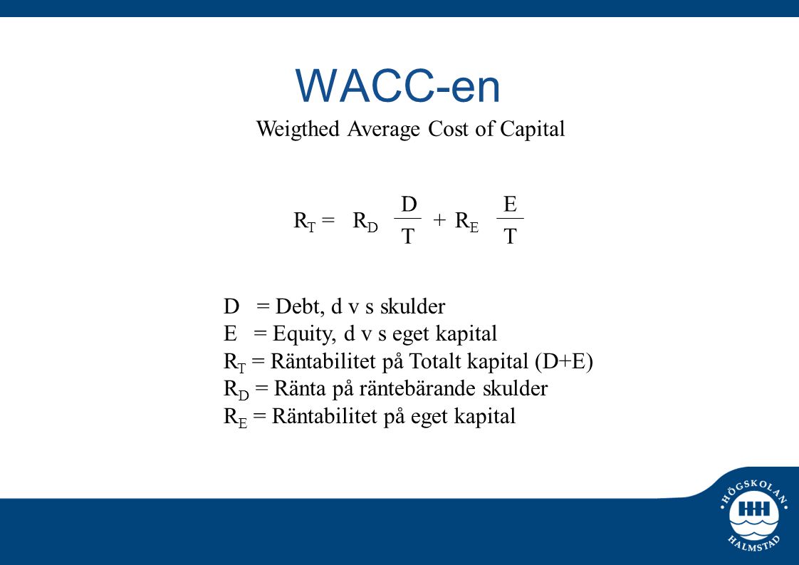 WACC-en Weigthed Average Cost of Capital D E RT = RD + RE T T