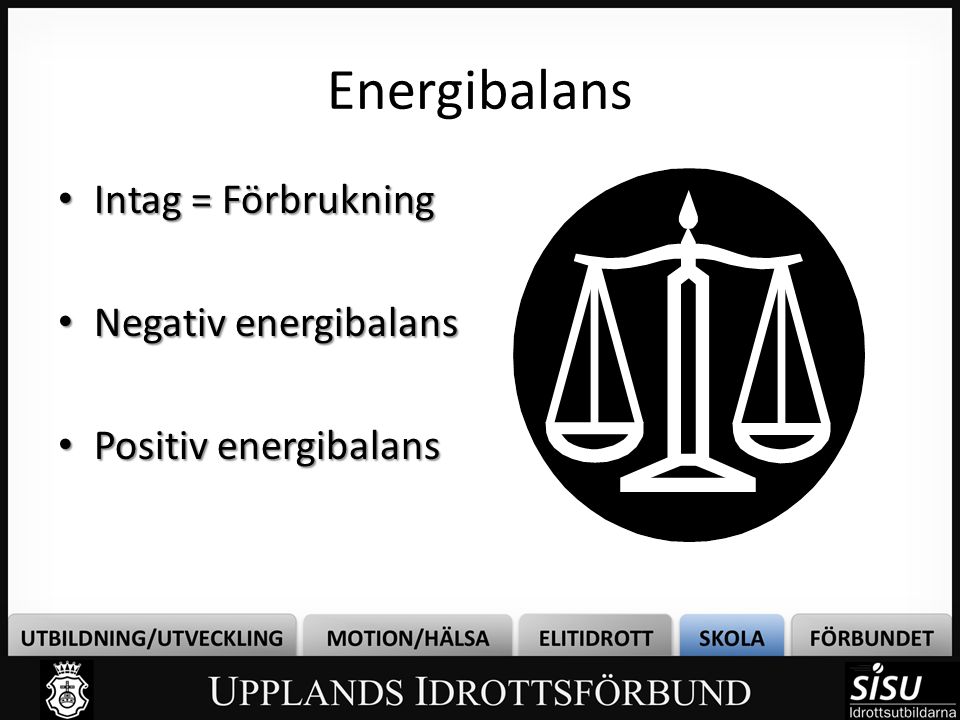 Energibalans Intag = Förbrukning Negativ energibalans