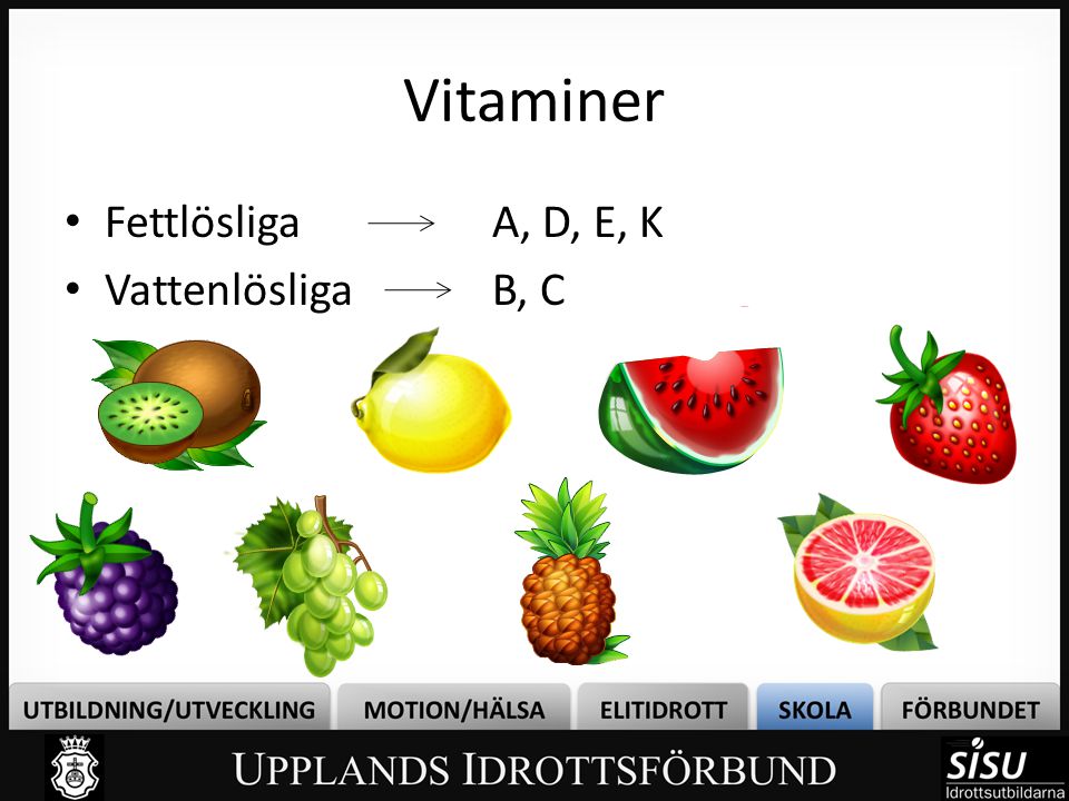 Vitaminer Fettlösliga A, D, E, K Vattenlösliga B, C