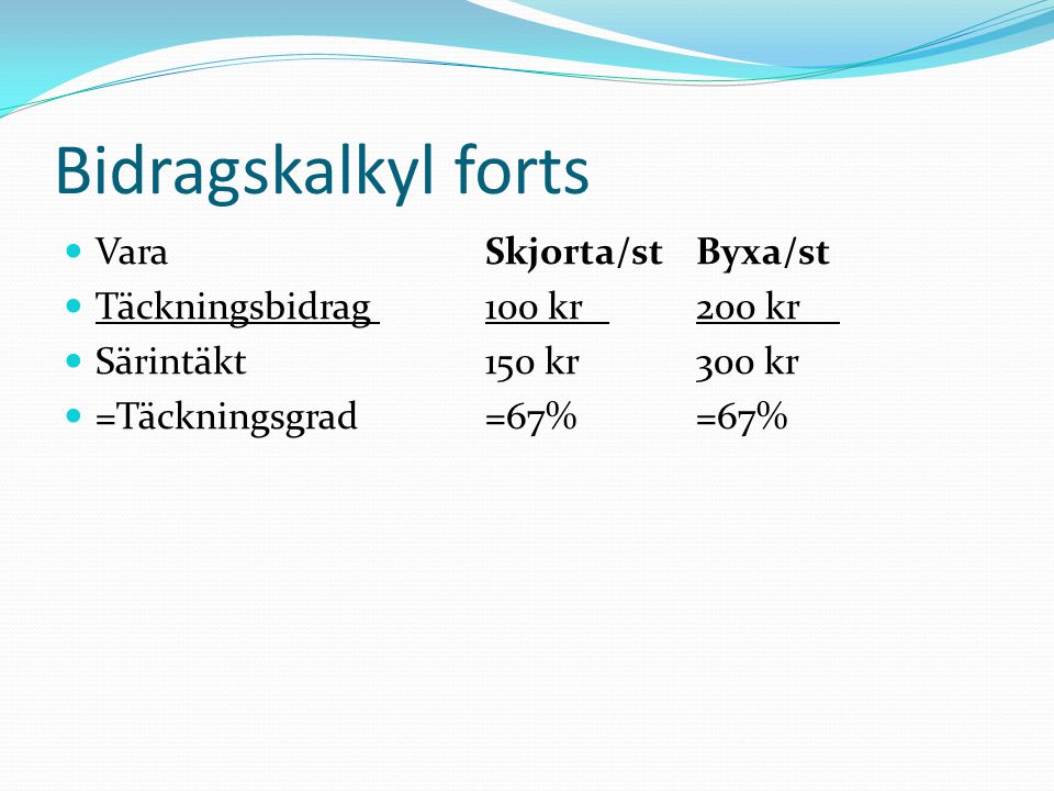 Bidragskalkyl forts Vara Skjorta/st Byxa/st