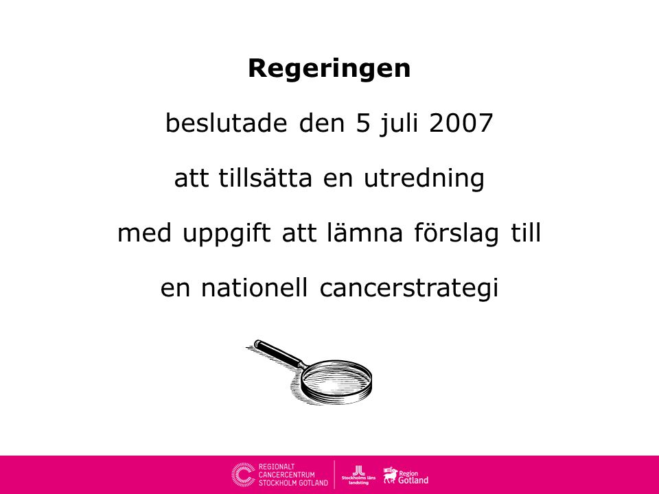 Regeringen beslutade den 5 juli 2007 att tillsätta en utredning med uppgift att lämna förslag till en nationell cancerstrategi